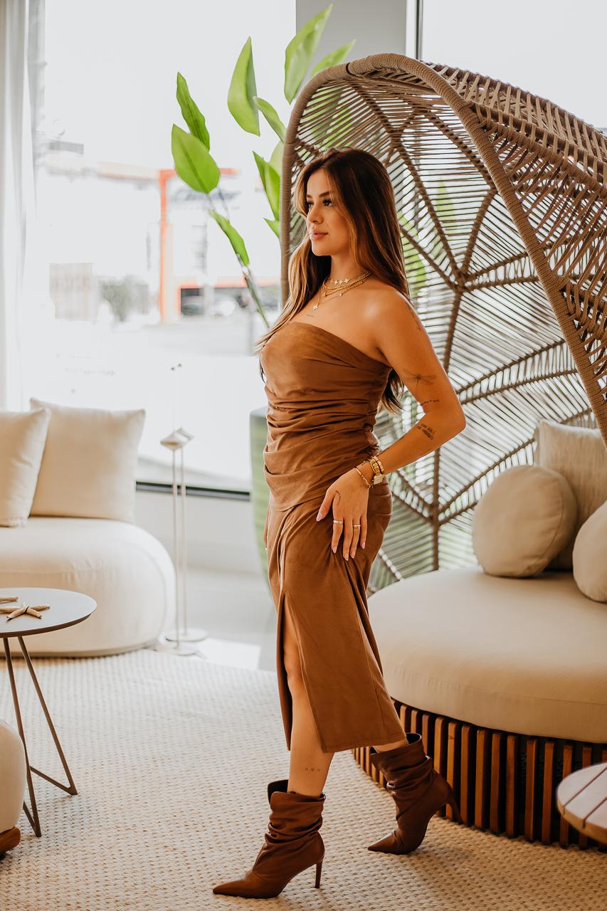 Vestido Com Pregas Suede